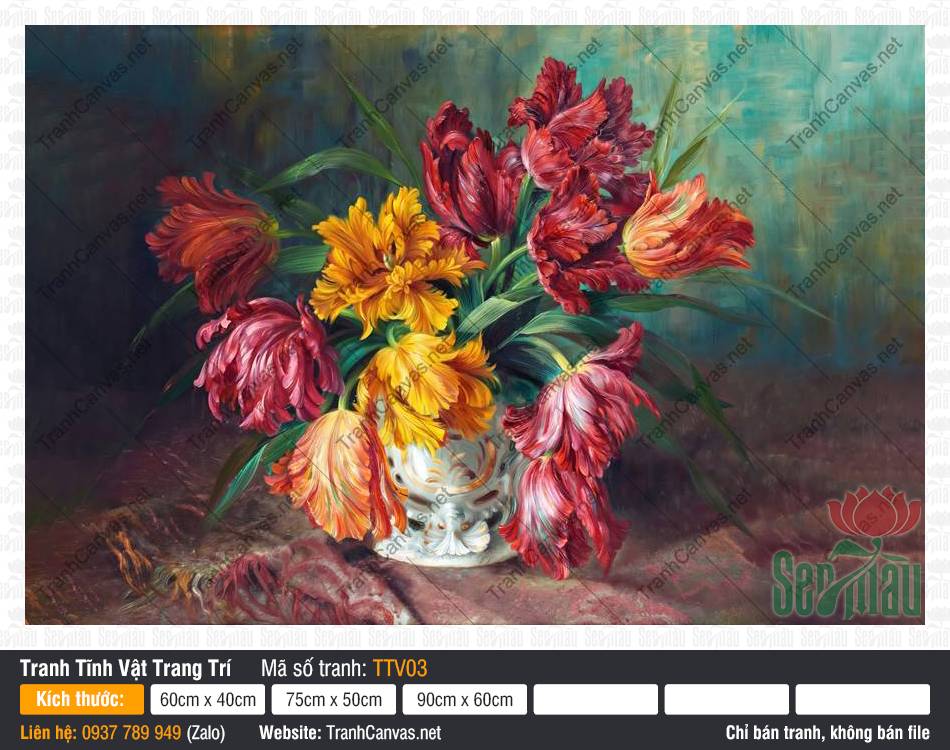 Tranh Tĩnh Vật Hoa Tulip TTV03, Tranh Tĩnh Vật Vẽ, Tranh Tĩnh Vật Trang Trí, Tranh Canvas HCM